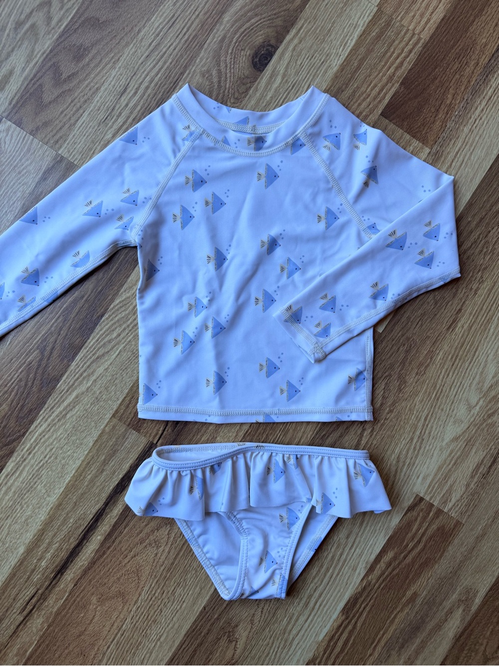 Rylee + Cru White Girls Long Sleeve Rashguard Swim Set with Light Blue Fish